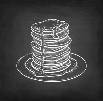 Pancakes with maple syrup. Chalk sketch on blackboard background. Hand drawn vector illustration. Retro style.