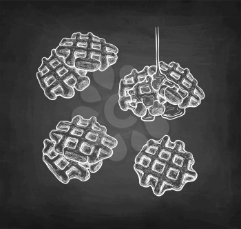 Chalk sketch of waffles with syrup topping. Hand drawn vector illustration on blackboard background. Retro style.