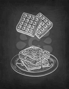 Chalk sketch of waffle with syrup topping. Hand drawn vector illustration on blackboard background. Retro style.
