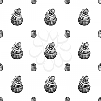 Seamless pattern with canele and rum baba. French pastries. Ink sketch on white background. Hand drawn vector illustration. Retro style.