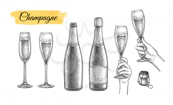 Clinking glasses and champagne bottles. Big set. Ink sketch isolated on white background. Hand drawn vector illustration. Retro style.