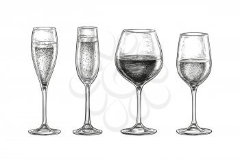 Glasses with champagne and wine. Ink sketch set isolated on white background. Hand drawn vector illustration. Retro style.