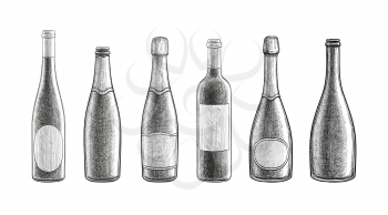 Champagne and wine bottles. Big set. Ink sketch isolated on white background. Hand drawn vector illustration. Retro style.