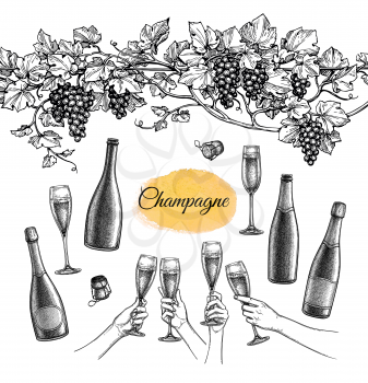 Vineyard, clinking glasses and champagne bottles. Big set. Ink sketch isolated on white background. Hand drawn vector illustration. Retro style.