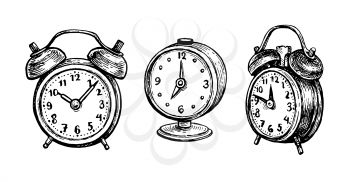 Twin bell alarm clock. Ink sketch isolated on white background. Hand drawn vector illustration. Retro style.