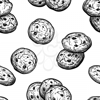 Seamless pattern with chocolate chip cookies. Ink sketch on white background. Hand drawn vector illustration. Retro style.
