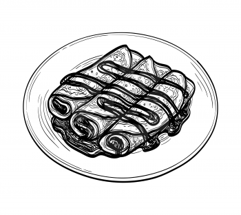 French crepes or Russian blinis with chocolate cream filling. Ink sketch isolated on white background. Hand drawn vector illustration. Retro style.