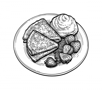 French crepes or Russian blinis with sour cream, strawberries and syrup. Ink sketch isolated on white background. Hand drawn vector illustration. Retro style.