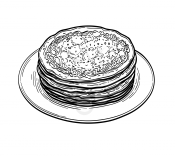 French crepes or Russian blinis. Ink sketch isolated on white background. Hand drawn vector illustration. Retro style.