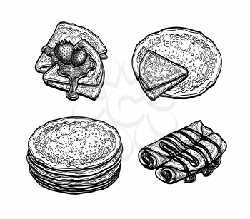 French crepes or Russian blinis with strawberries and syrup. Ink sketch set. Isolated on white background. Hand drawn vector illustration. Retro style.