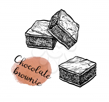 Chocolate brownie. Ink sketch isolated on white background. Hand drawn vector illustration. Retro style.