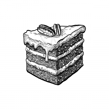 Carrot cake. Ink sketch isolated on white background. Hand drawn vector illustration. Retro style.