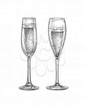 Two glasses of champagne various shapes. Ink sketch isolated on white background. Hand drawn vector illustration. Retro style.