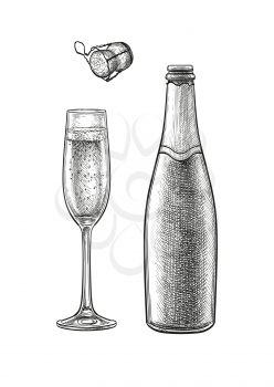 Champagne glass, open bottle and cork. Ink sketch isolated on white background. Hand drawn vector illustration. Retro style.