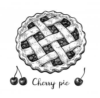 Cherry pie. Ink sketch isolated on white background. Hand drawn vector illustration. Retro style.