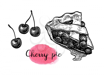 Cherry pie. Ink sketch isolated on white background. Hand drawn vector illustration. Retro style.