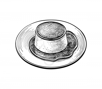 Creme Caramel. Ink sketch isolated on white background. Hand drawn vector illustration. Retro style.