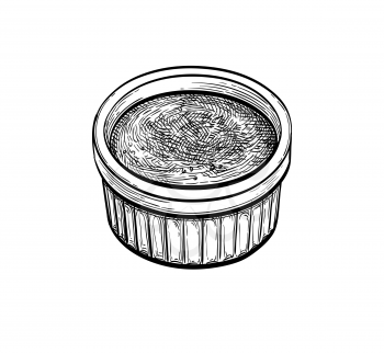 Creme brulee. Ink sketch isolated on white background. Hand drawn vector illustration. Retro style.