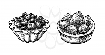 Fruit tarts with fresh berries. Ink sketch isolated on white background. Hand drawn vector illustration. Retro style.
