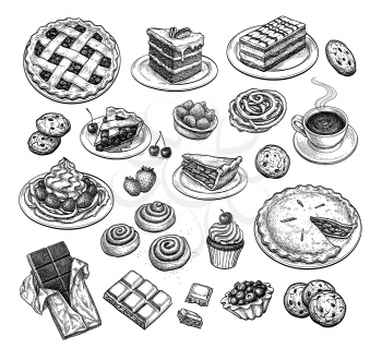 Collection of sweets and pastries. Popular desserts. Ink sketch set isolated on white background. Hand drawn vector illustration. Retro style.