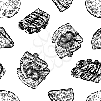 French crepes or Russian blinis with strawberries and syrup. Seamless pattern. Hand drawn vector illustration. Retro style ink sketch.