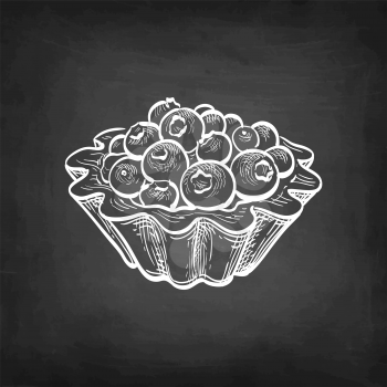 Fruit tart with fresh blueberries. Chalk sketch on blackboard background. Hand drawn vector illustration. Retro style.
