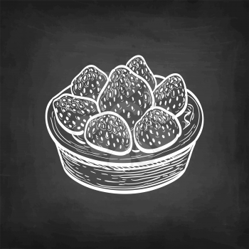 Fruit tart with fresh strawberry. Chalk sketch on blackboard background. Hand drawn vector illustration. Retro style.