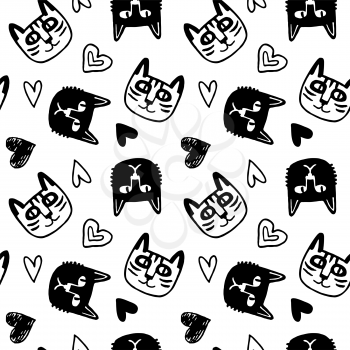 Hipster style seamless pattern. Cute tabby cat, black kitten and hearts. Doodle sketches. Hand drawn vector illustration of funny characters.
