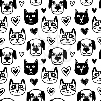 Seamless pattern with cute cats and dogs. Hipster style portraits set. Doodle sketches. Hand drawn vector illustration of funny characters.