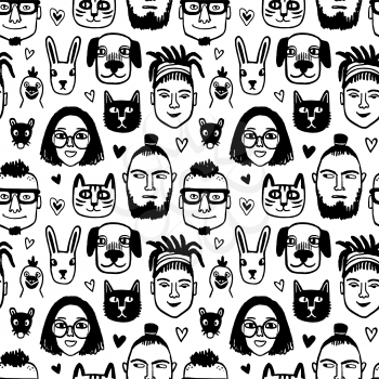 Seamless pattern. People and most popular urban animals. Hipster style portraitst. Doodle sketches. Hand drawn vector illustration of funny characters.