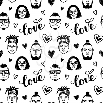 Seamless pattern. Hipster style portraits and hearts. Doodle sketches. Hand drawn vector illustration of funny characters. Valentine's day background. Love text.