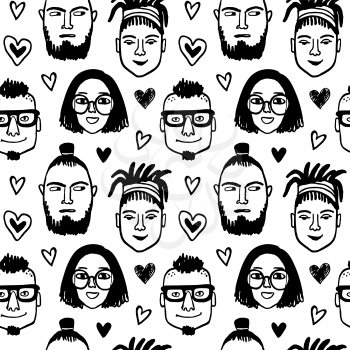 Seamless pattern. Hipster style portraits and hearts. Doodle sketches. Hand drawn vector illustration of funny characters. Valentine's day background.