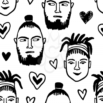 Seamless pattern. Hipster style portraits and hearts. Doodle sketches. Hand drawn vector illustration of funny characters. Valentine s day background.