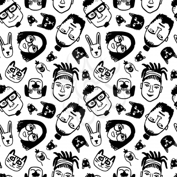 Seamless pattern. People and most popular urban animals. Hipster style portraits. Doodle sketches. Hand drawn vector illustration of funny characters.