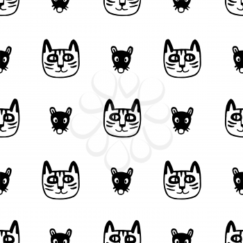 Seamless pattern with cute cats and mice. Doodle sketches of pets. Hand drawn vector illustration of funny characters.