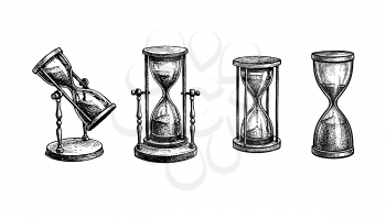 Vintage hourglasses set. Collection of antique timers. Ink sketch isolated on white background. Hand drawn vector illustration. Retro style.