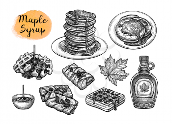 Popular pastries with maple syrup topping. Collection of ink sketches isolated on white background. Hand drawn vector illustration. Retro style.
