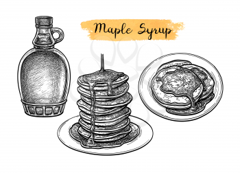 Pancakes with maple syrup. Ink sketch isolated on white background. Hand drawn vector illustration. Retro style.