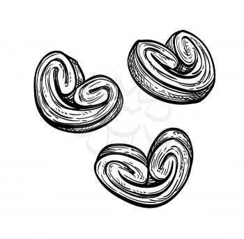Palmiers. Ink sketch of French pastry isolated on white background. Hand drawn vector illustration. Retro style.
