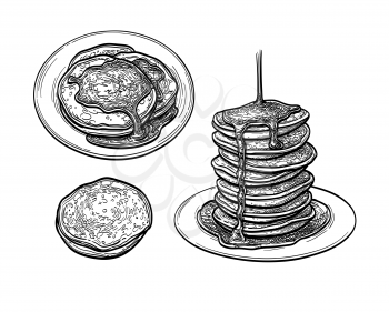Pancakes with maple syrup. Ink sketch set isolated on white background. Hand drawn vector illustration. Retro style.