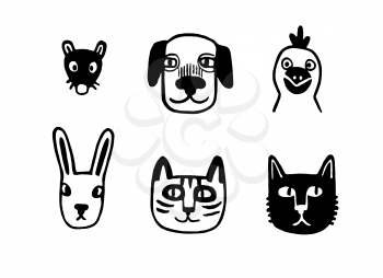 Most popular urban animals. Hipster style portraits set. Doodle sketches. Hand drawn vector illustration of funny characters.