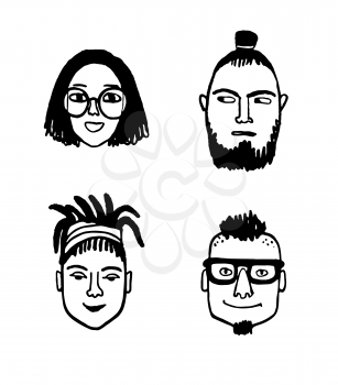 Hipster style portraits set. Doodle sketches. Hand drawn vector illustration of funny characters.