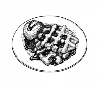 Ink sketch of waffles with syrup and ice cream. Hand drawn vector illustration isolated on white background. Retro style.