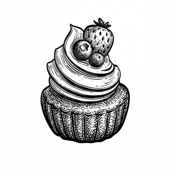 Rum baba. Dessert with whipped cream and fresh fruit. Ink sketch isolated on white background. Hand drawn vector illustration. Retro style.