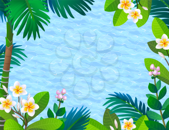 Sea waves and blooming rainforest. Tropical plants and flowers. Summer background. Banner template.