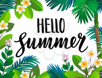 Hello summer text. Calligraphic lettering. Blooming rainforest background. Tropical plants and flowers. Banner template.