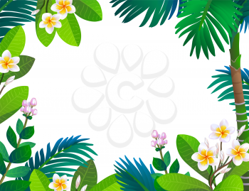 Blooming rainforest. Tropical plants and flowers. Summer background. Banner template.
