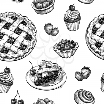 Seamless pattern with fresh fruit pastries. Ink sketches on white background. Hand drawn vector illustration. Retro style.