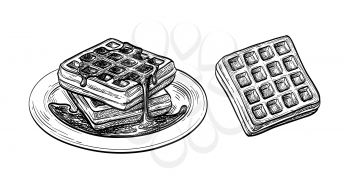 Ink sketch of waffle with syrup topping. Ink sketch isolated on white background. Hand drawn vector illustration. Retro style.