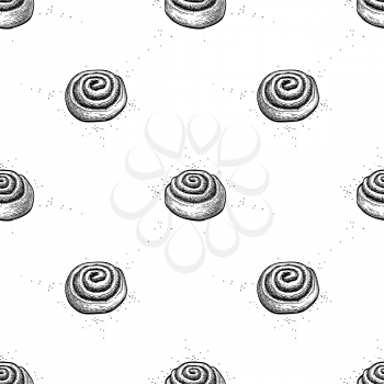 Cinnamon roll seamless pattern. Ink sketch on white background. Hand drawn vector illustration. Retro style.
